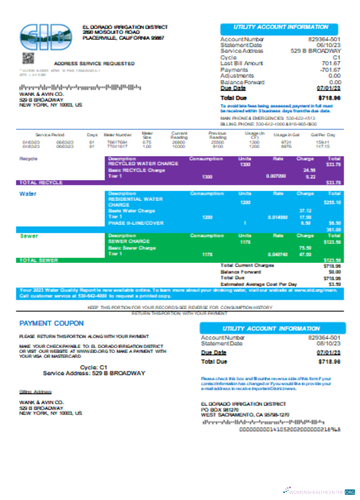 Download El Dorado Irrigation District utility business bill SCR Photoshop template
